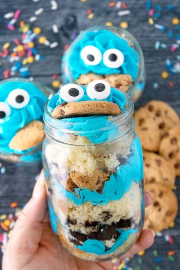 Close up shot of Cookie Monster Cake Jars.