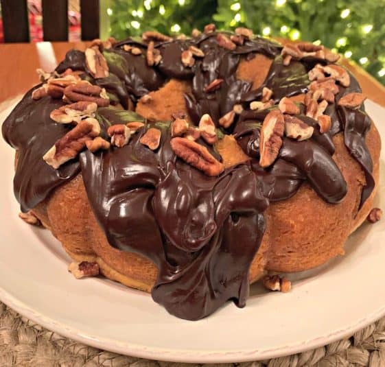 Moist yellow cake with a rum glaze and chocolate frosting.