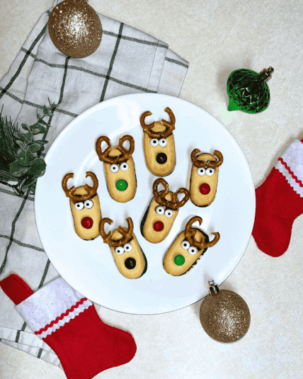 Overhead View of Christmas Reindeer Cookies on a Plate.