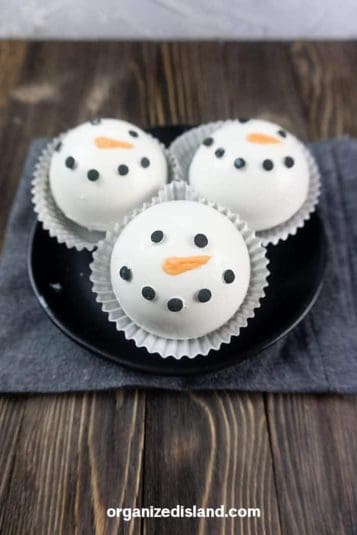 Close up shot of Snowman Hot Chocolate Bombs.