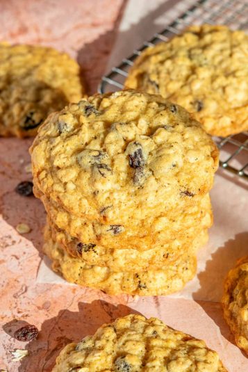 Stack of sourdough oatmeal raisin cookies.