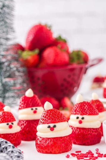 A display of Strawberry Santas.
