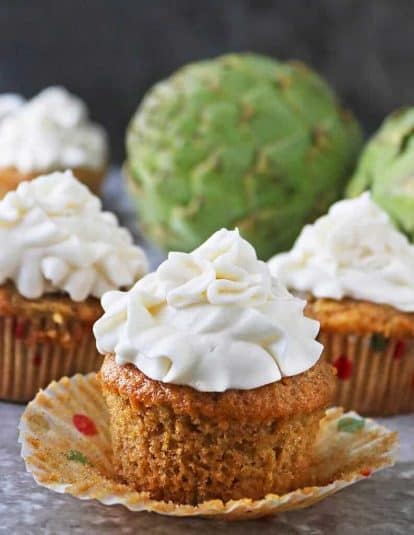 Close up shot of Artichoke Cupcakes.