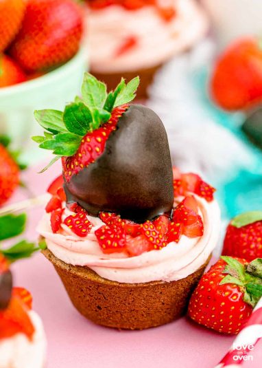 A close up of a Chocolate Strawberry Cupcake.