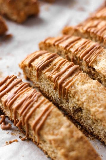 Caramel drizzle on maple biscotti for baking blog and food photography.
