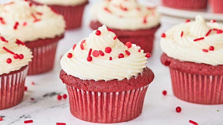 Red velvet cupcakes with cream cheese frosting.