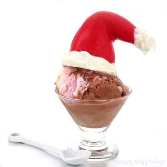 Sugar cone Santa hats served with ice cream.