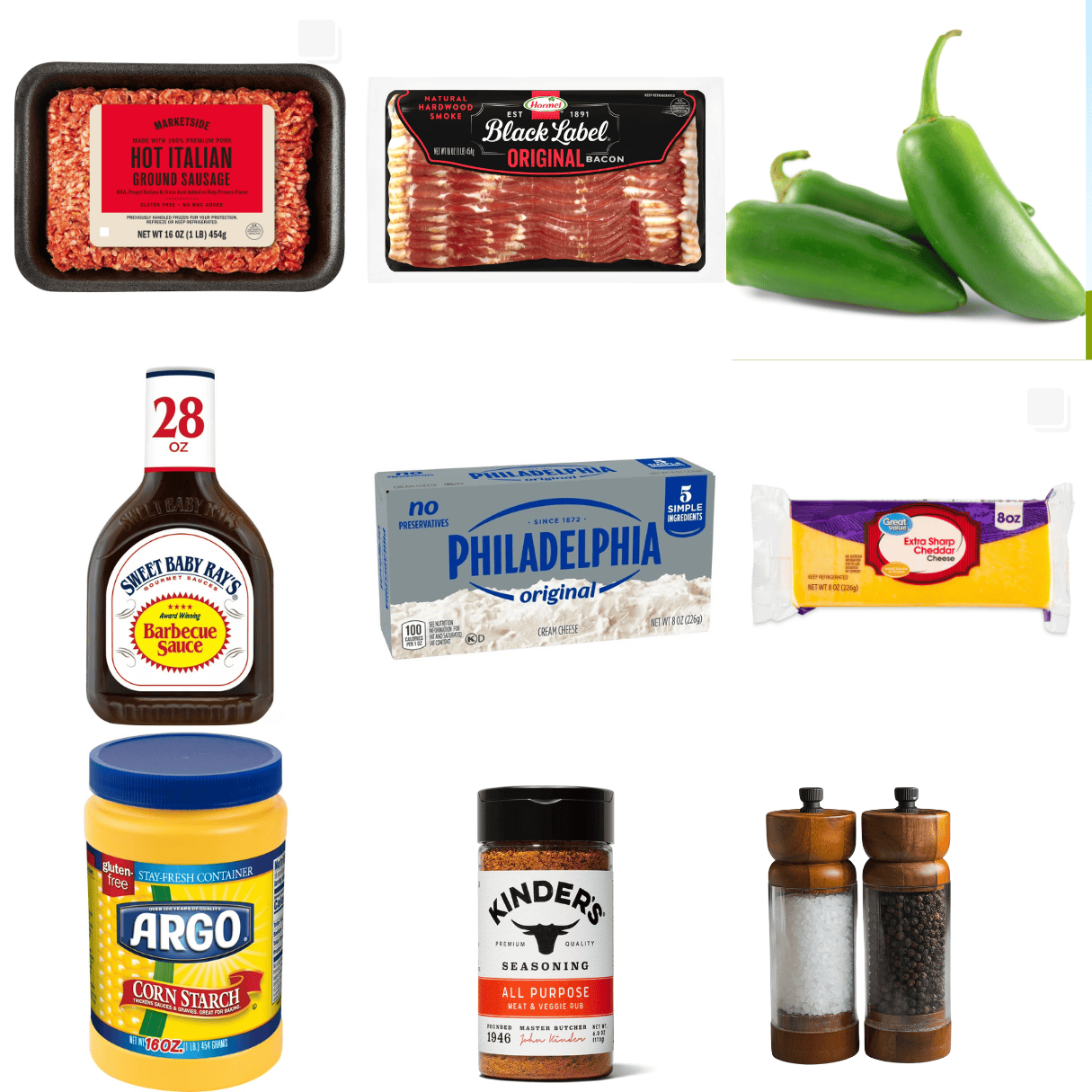 ingredients including hot sausage, bacon, jalapenos, BBQ sauce, cream cheese, cheddar cheese, and cornstarch.