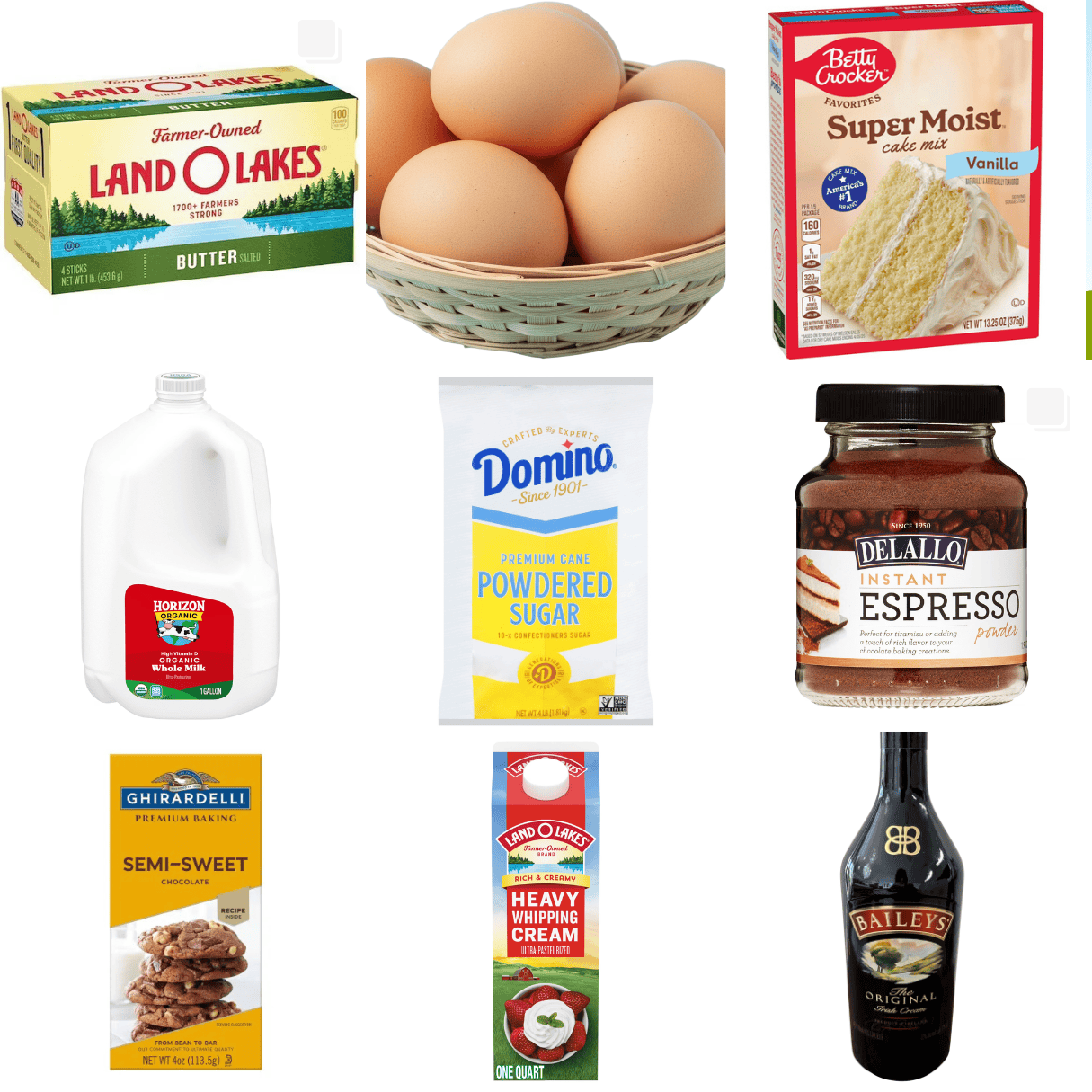 ingredients including butter, eggs, cake mix, milk, powdered sugar, espresso, chocolate, and Bailey's.