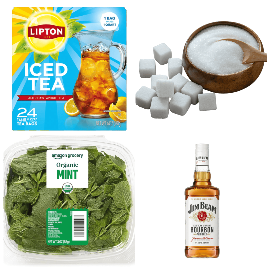 Iced tea, sugar, mint, and bourbon for refreshing beverages and cocktails.