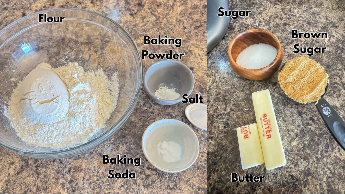 Flour, baking powder, salt for baking ingredients on a countertop.