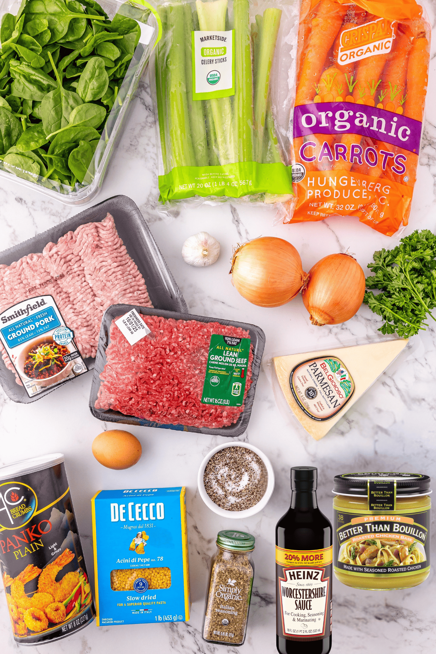 Fresh organic vegetables and ground meats for baking recipes and hearty meals.