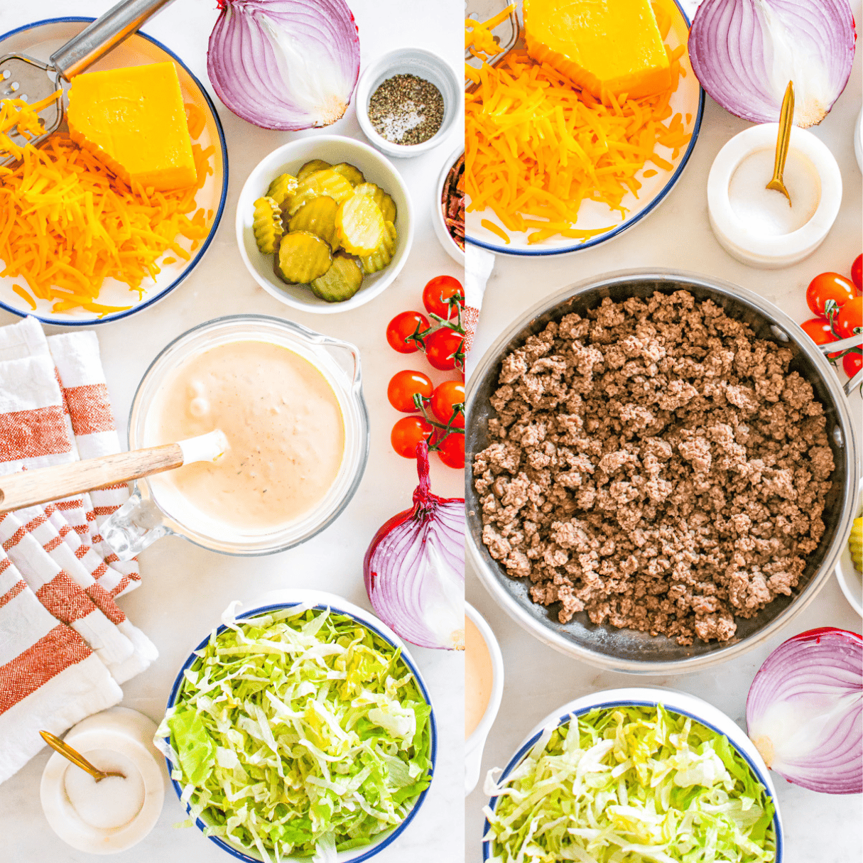 a 2 image collage showing how to make homemade big mac sauce and how to brown ground beef. 