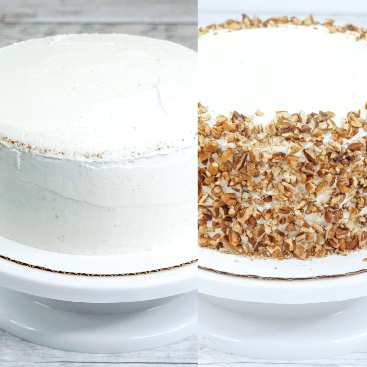 a 2 image collage showing how to do a crumb coat and coat a carrot cake in pecans.