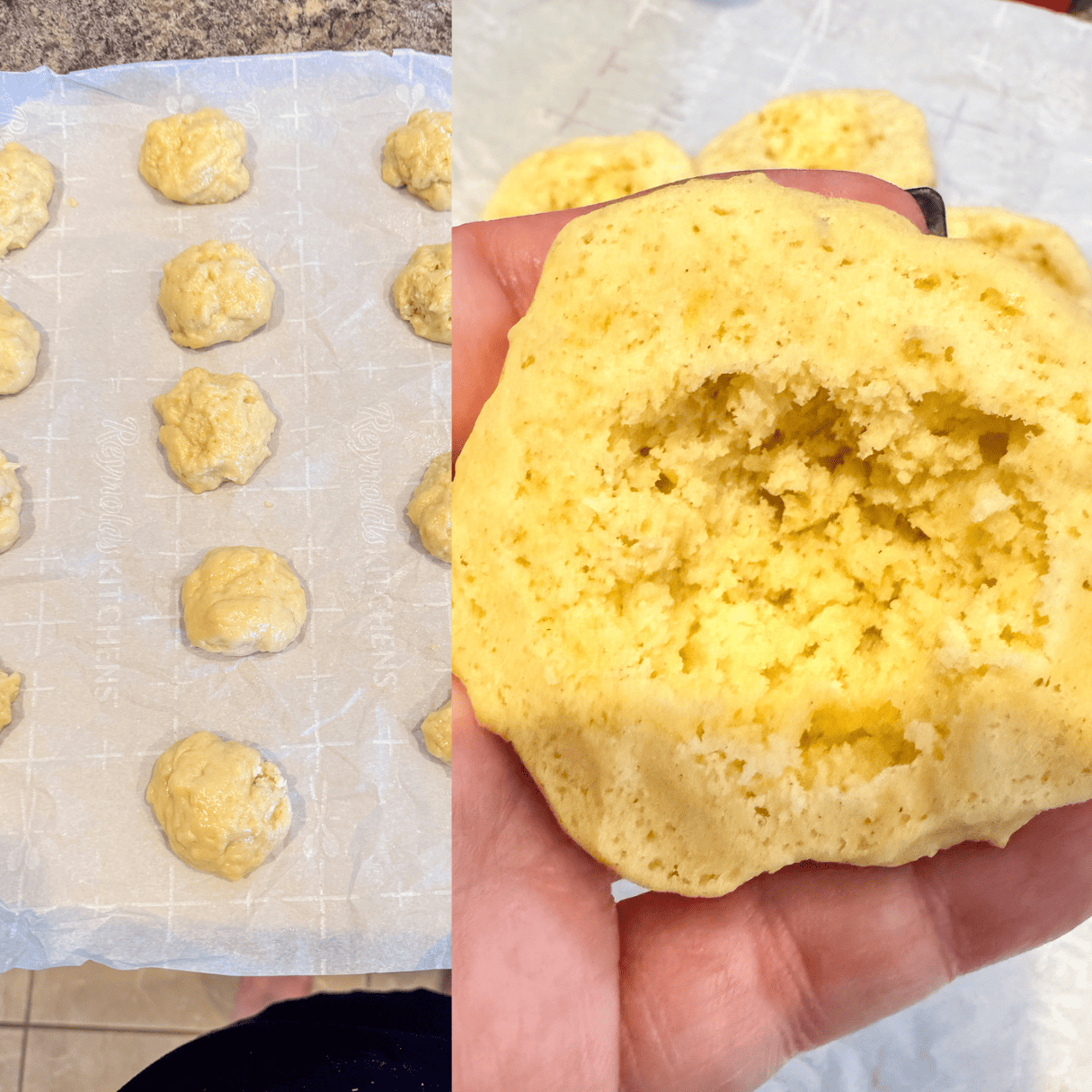 Butter biscuit dough balls before baking with soft, fluffy interior perfect for breakfast or snacks.