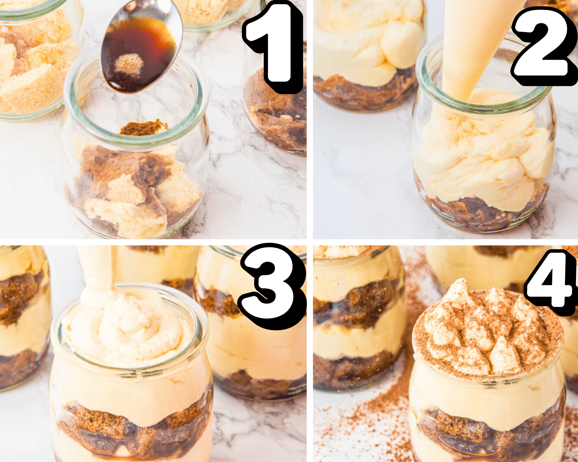 a four image collage showing how to layer ladyfingers, espresso, mascarpone whipped cream, and cocoa powder in cups.