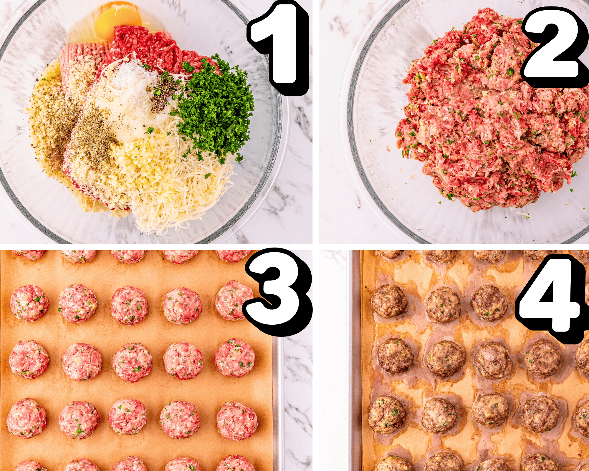 Beef and herb mixture in a glass bowl for meatballs preparation.