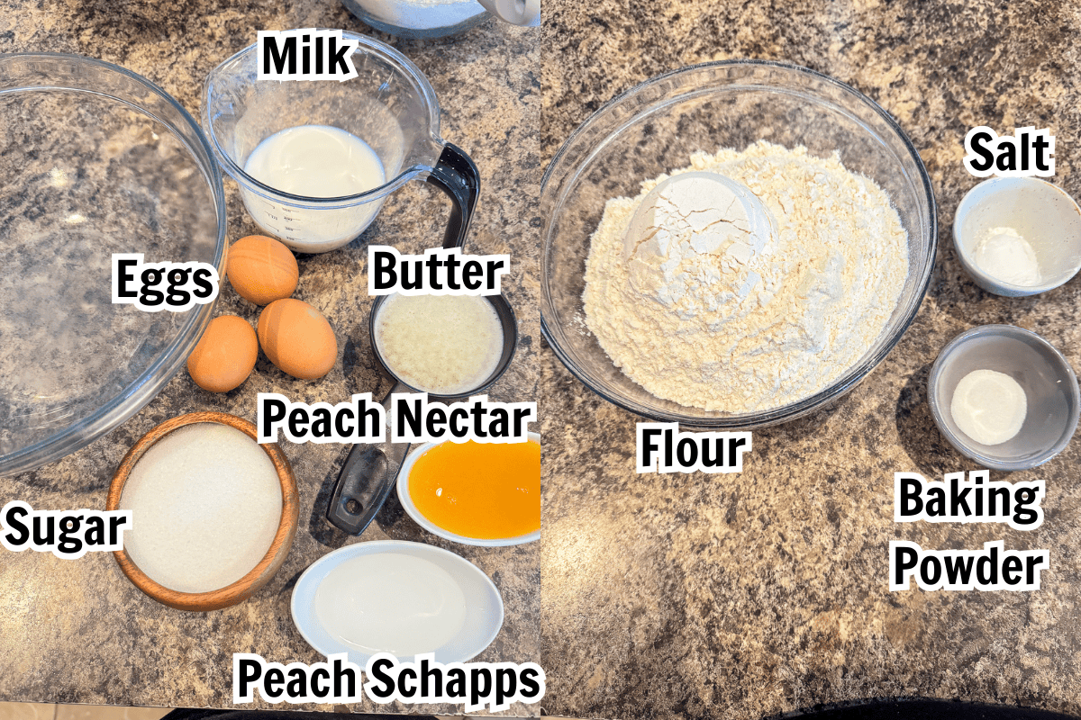 Butter, eggs, flour, milk, sugar, peach nectar, peach schapps, salt, baking powder.