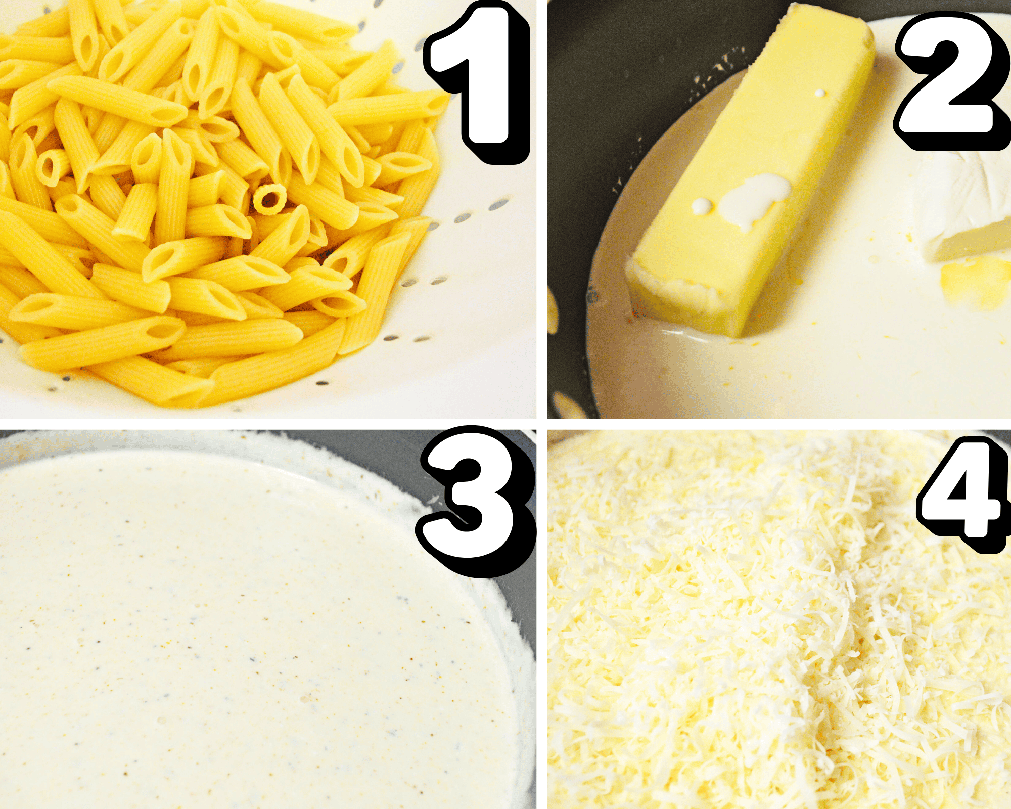 a 4 image collage showing how to make cajun alfredo sauce. 