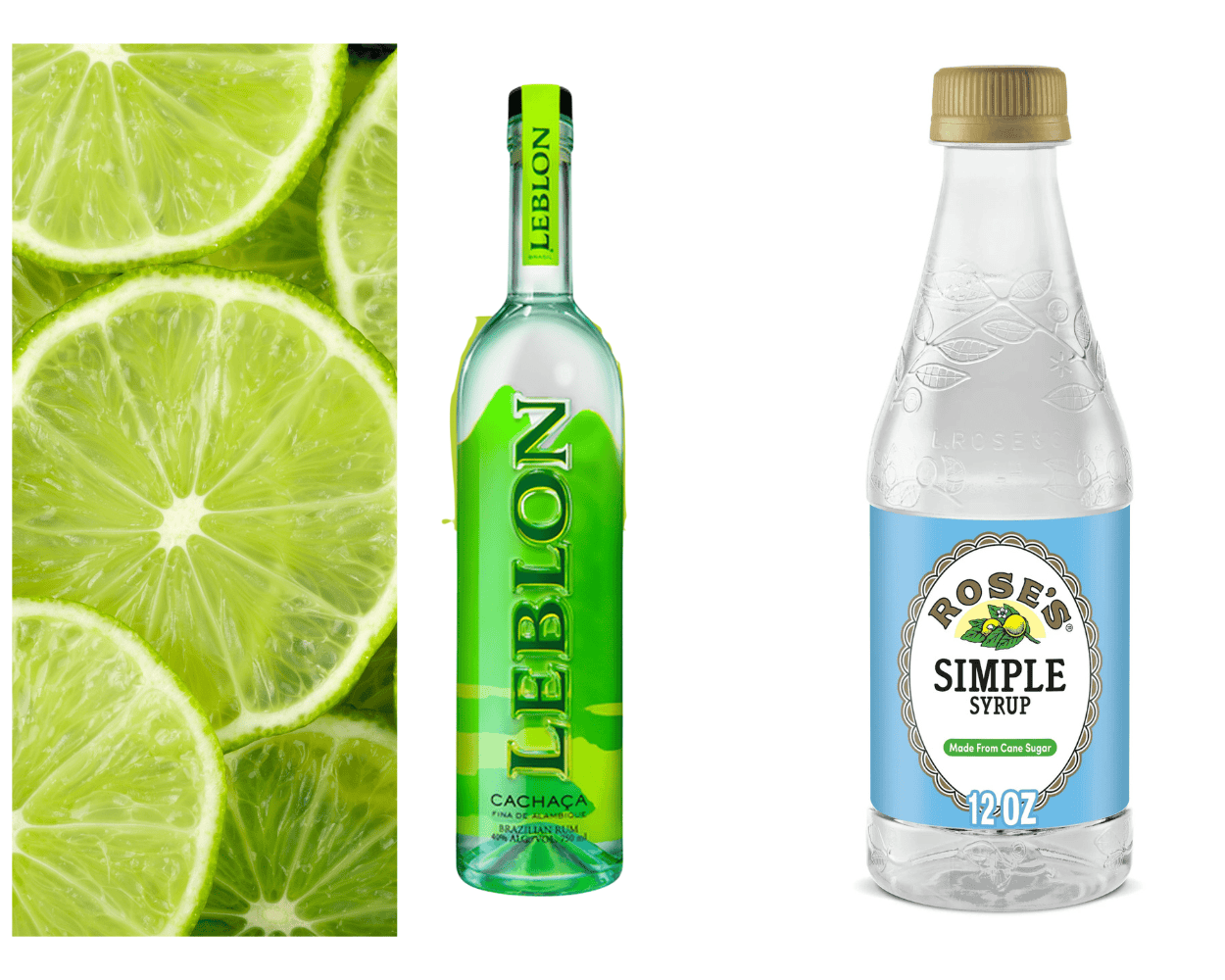 ingredients including lime slices, Leblon Cachaca, and simple syrup.