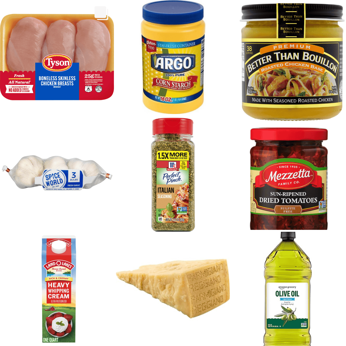 ingredients including chicken breasts, cornstarch, better than Bouillon, garlic, sun dried tomatoes, heavy cream, and cheese.