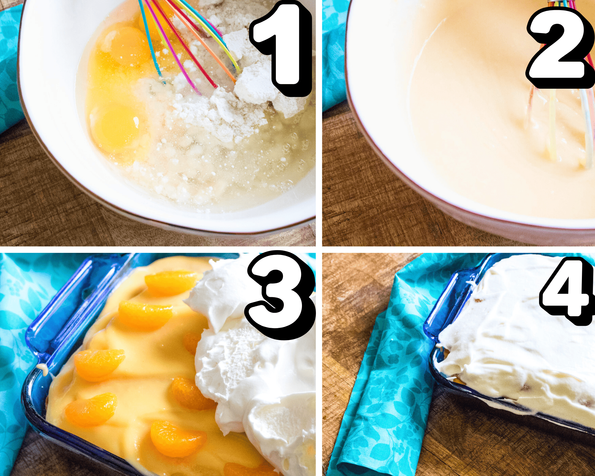 a 4 image collage showing how to mix the cake batter, add the pudding, oranges, and cool Whip topping for mandarin orange cake.
