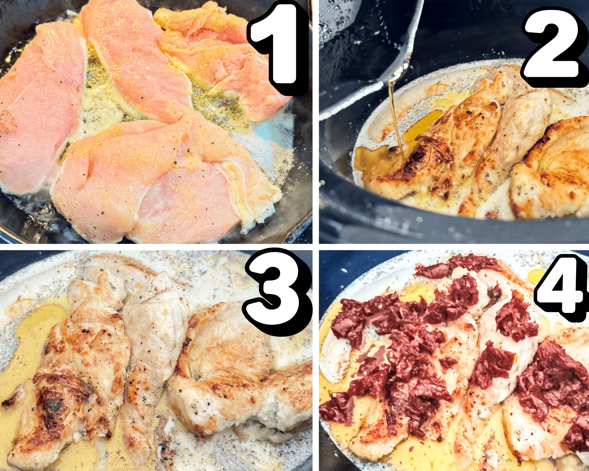 a four image collage showing up to sear chicken and then add it to the crock pot with sun dried tomatoes.
