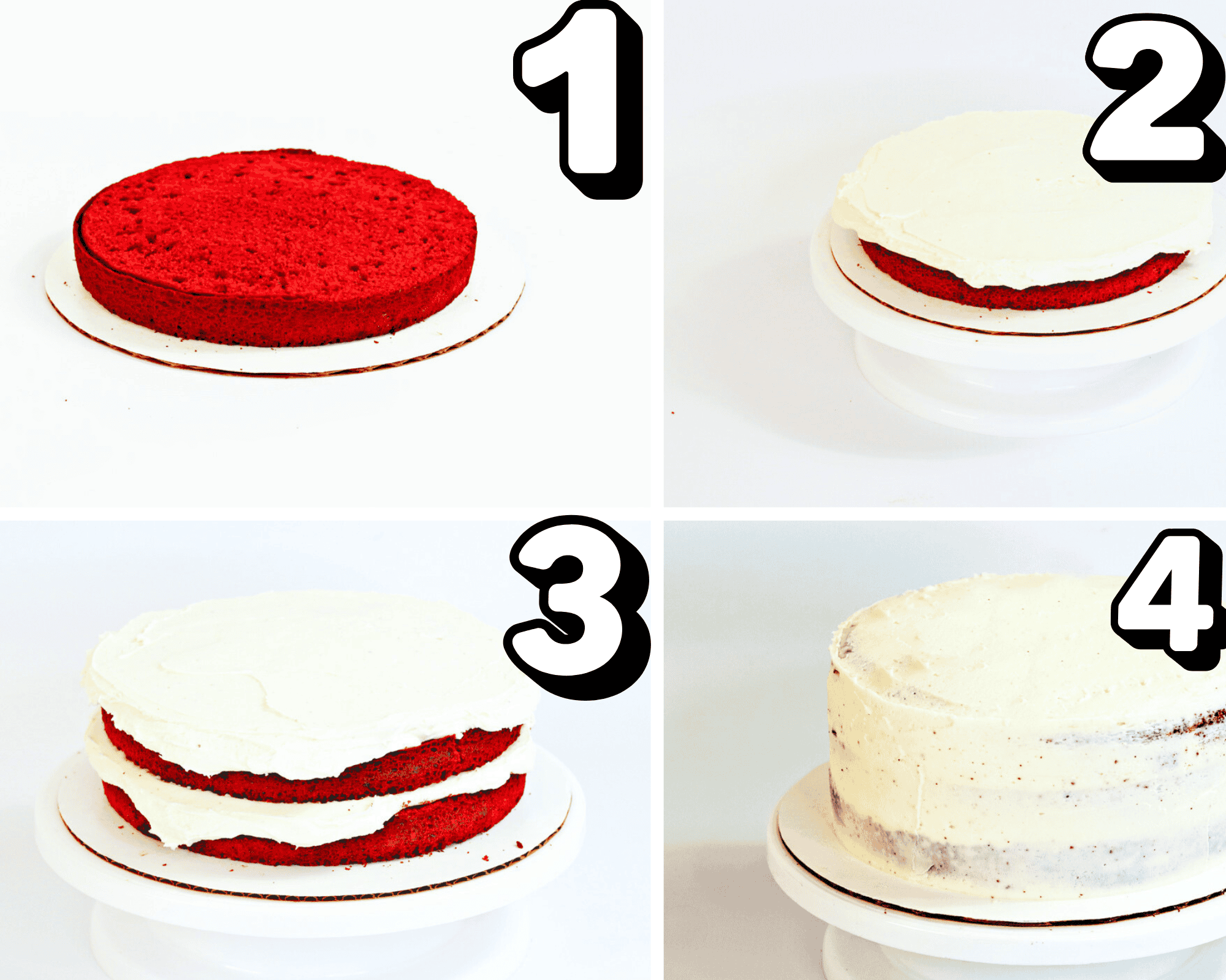 a four image collage showing how to assemble and frost a red velvet cake.