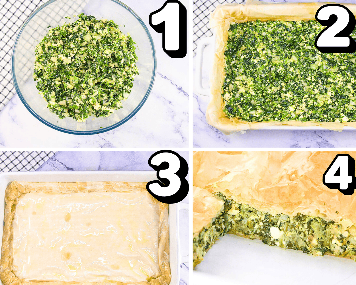 a 4 image collage showing how to make a spinach feta filling and layer it in phyllo dough.