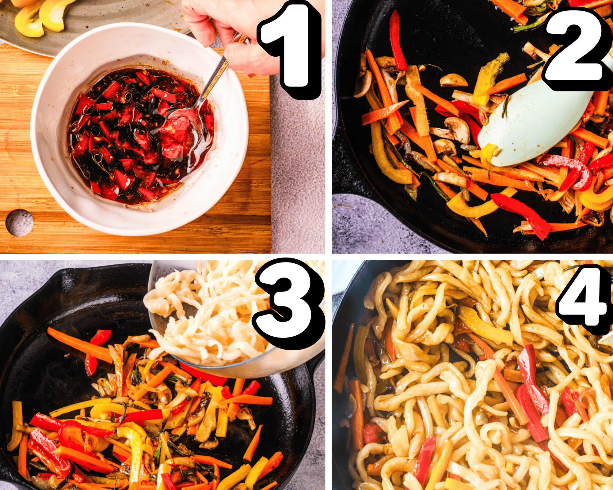 a 4 image collage showing how to make a tamari sambal sauce, stir fry veggies, and add in noodles for yaki udon.