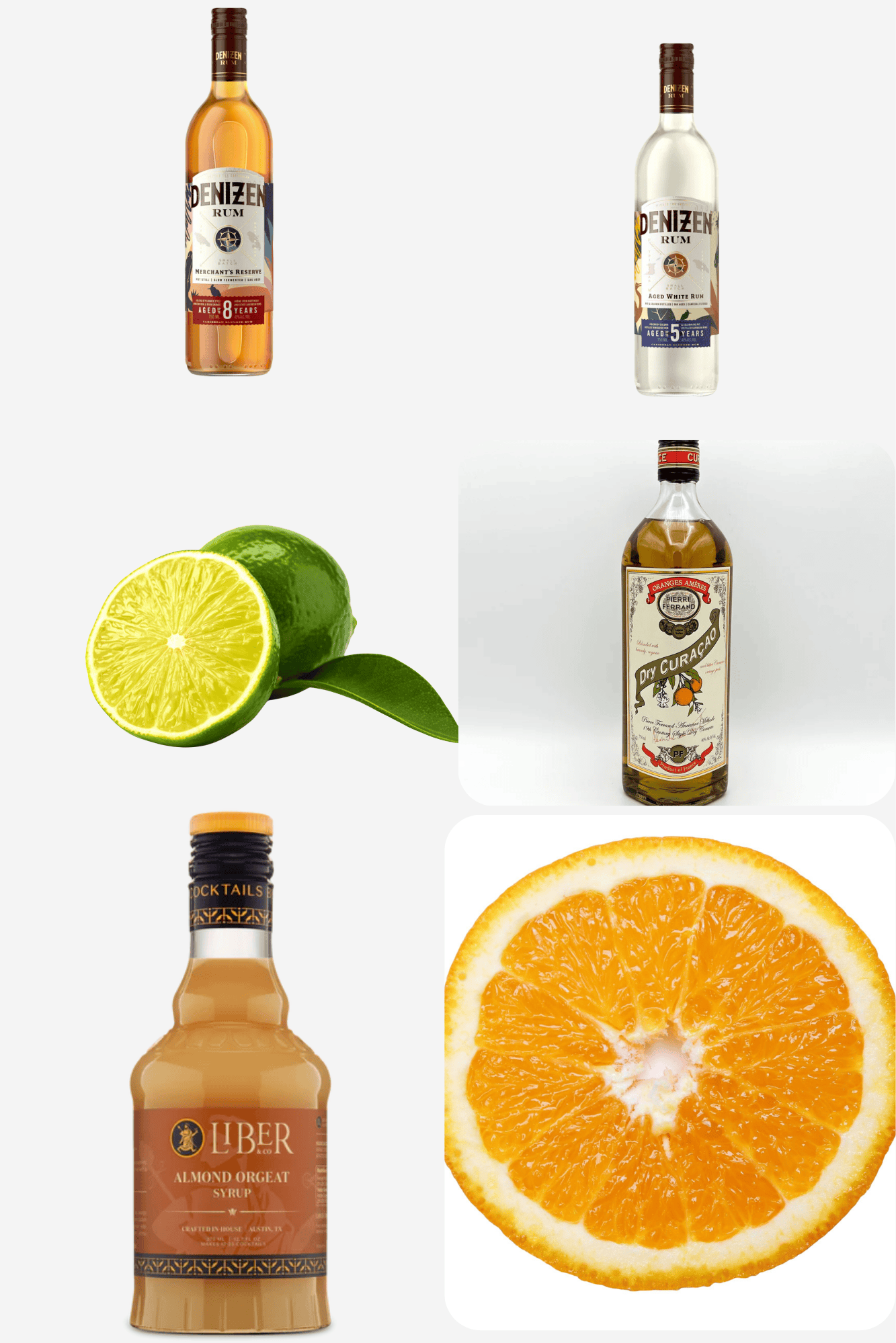 ingredients including dark rum, white rum, lime, orange curacao, and orgeat syrup. 