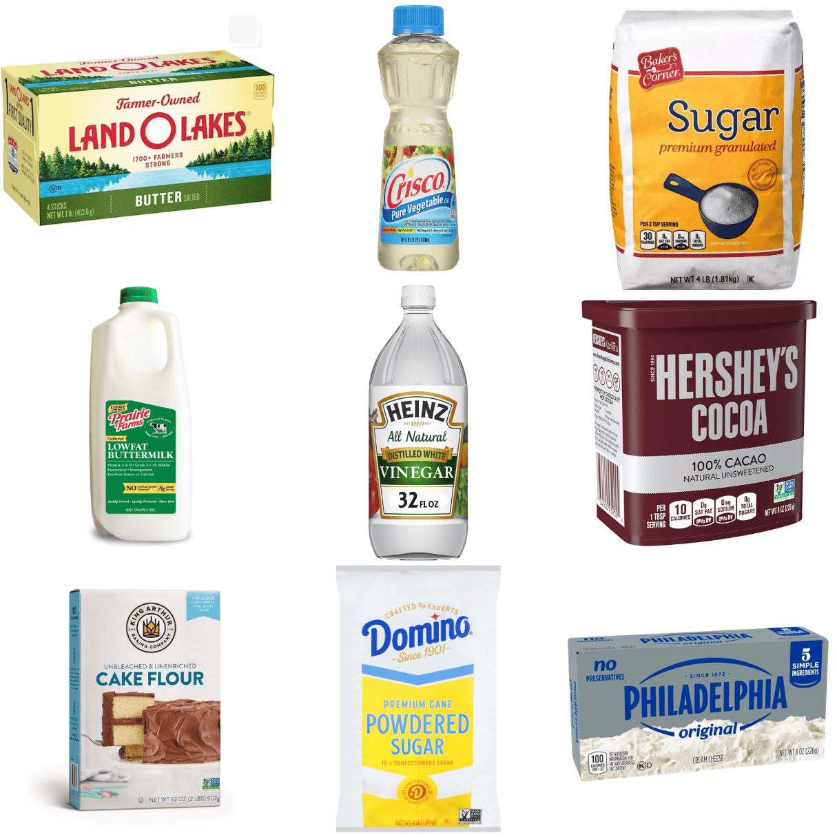 ingredients including butter, oil, sugar, buttermilk, vinegar, cocoa powder, cake flour, cream cheese, and powdered sugar.