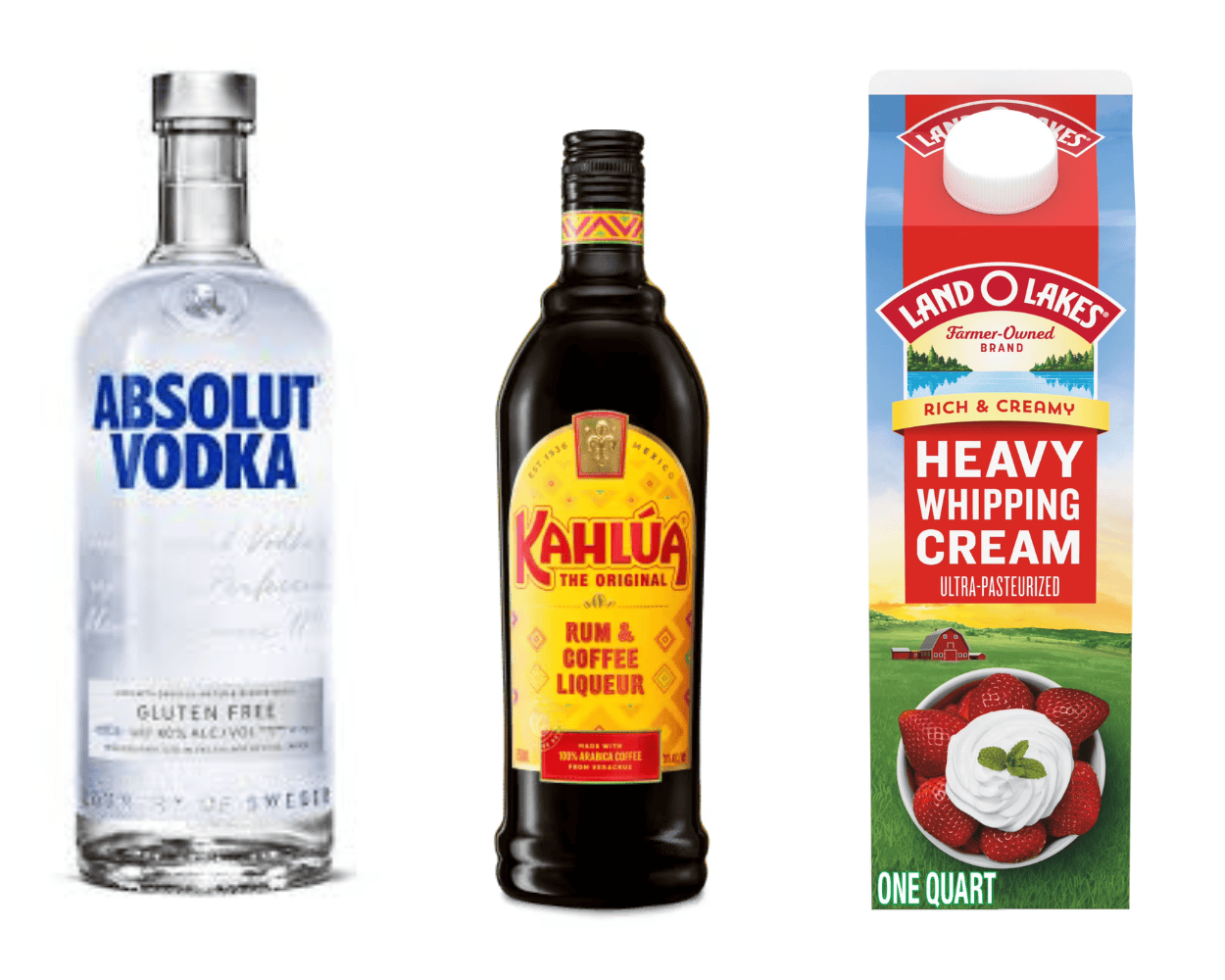 ingredients including Absolut Vodka, Kahlua, and heavy whipping cream.