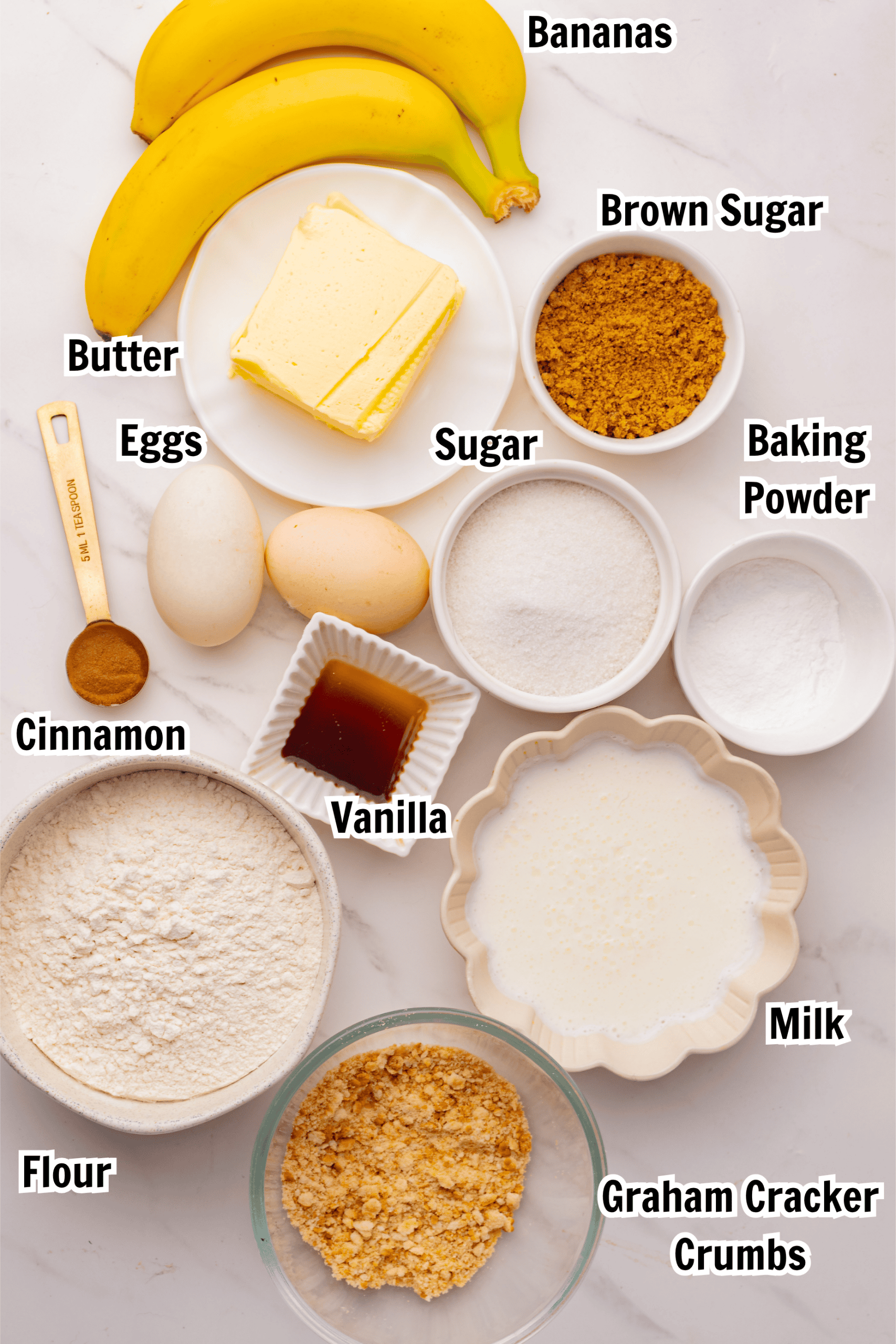 ingredients including butter, bananas, brown sugar, eggs, sugar, baking powder, flour, and cinnamon.
