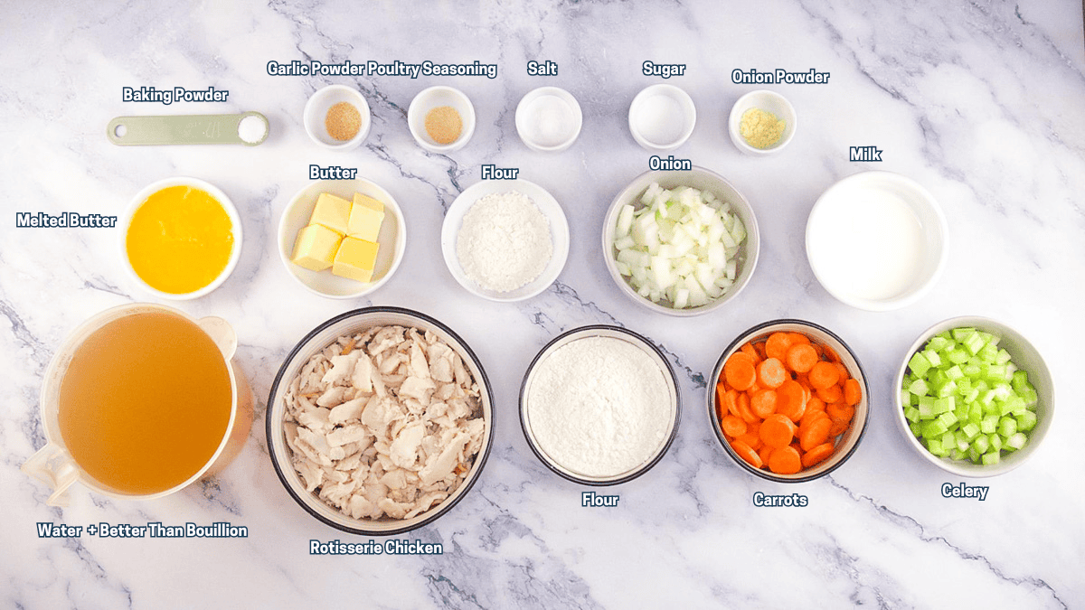 ingredients including butter, flour, onions, carrots, celery, rotisserie chicken, broth, baking powder, and seasonings.