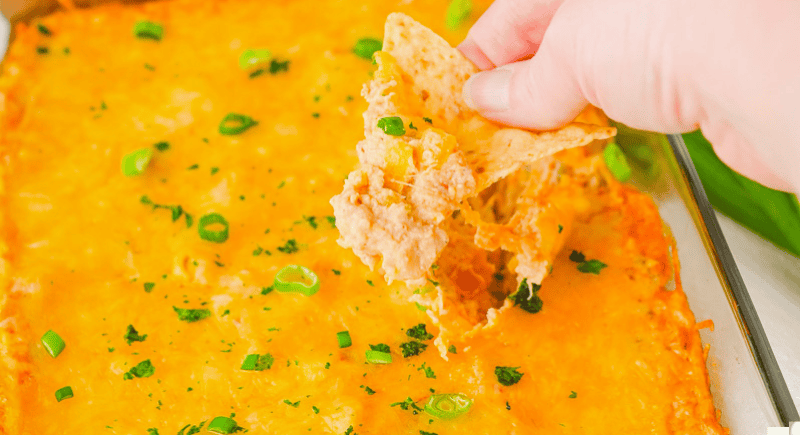 a closeup of a chip scooping up cheesy refried bean dip.