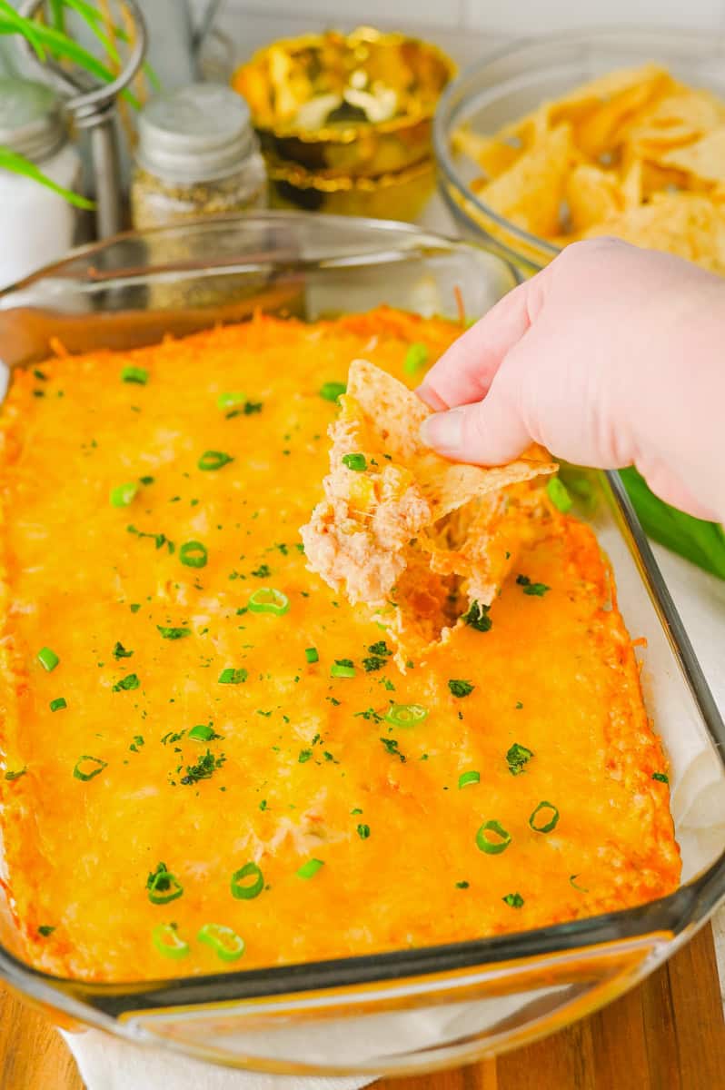 a tortilla dipping into hot bean dip with cheese and garnished with green onions.
