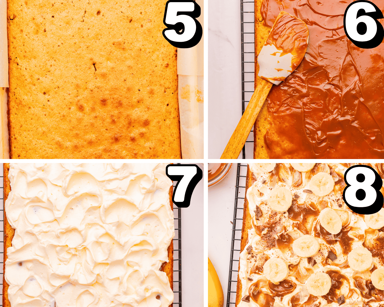 a four image collage showing how to spread dulce de leche and whipped cream on a banoffee cake and how to garnish it. 