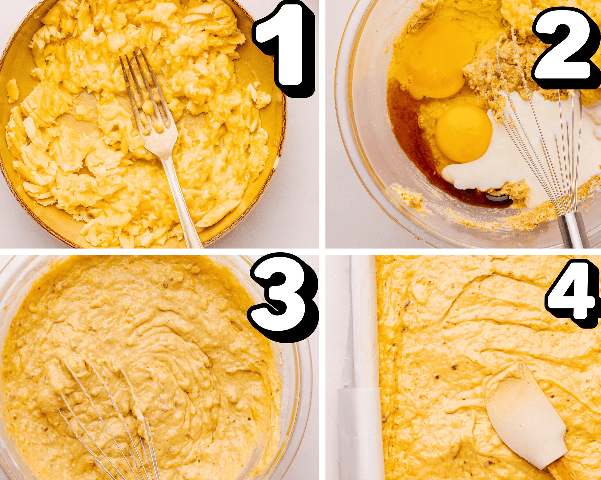 a 4 image collage showing how to mash bananas, mix the banana ckae batter and spread it in a cake pan. 