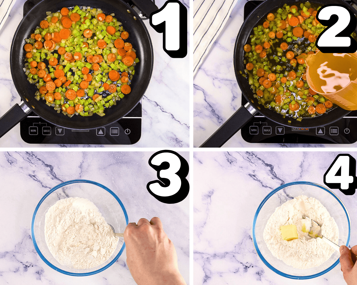 a four image collage showing how to saute vegetables, add broth, and cut butter into flour for dumplings.
