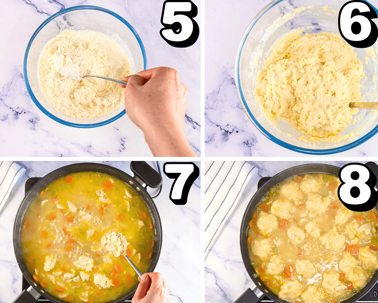 a 4 image collage showing mixing and finished dumpling dough and spooning them onto the chicken stew.