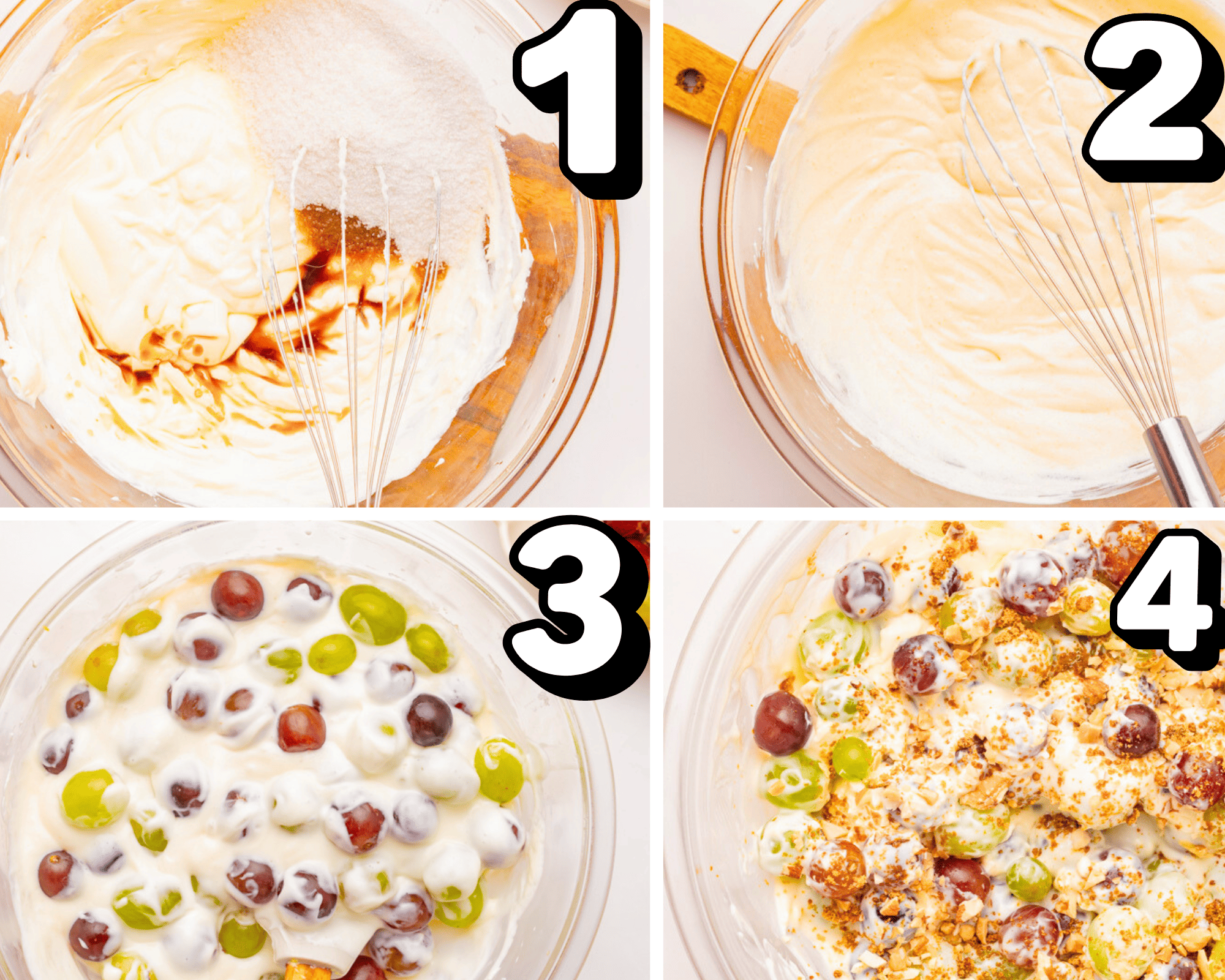 a 4 image collage showing how to mix the cream cheese and sugar dressing, fold in the grapes, and add the topping.