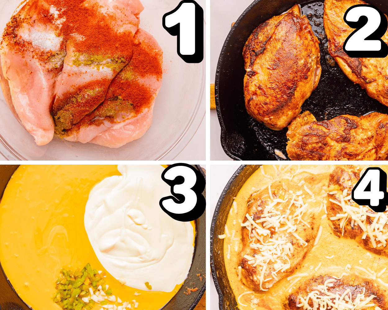 a 4 image collage showing how to season chicken, sear it in a cast iron skillet, and putting it in a skillet with queso.