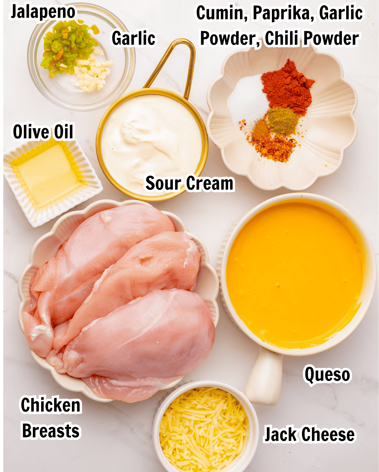 ingredients including jalapeno, garlic, sour cream, chicken, queso, jack cheese, cumin, paprika, and chili powder.
