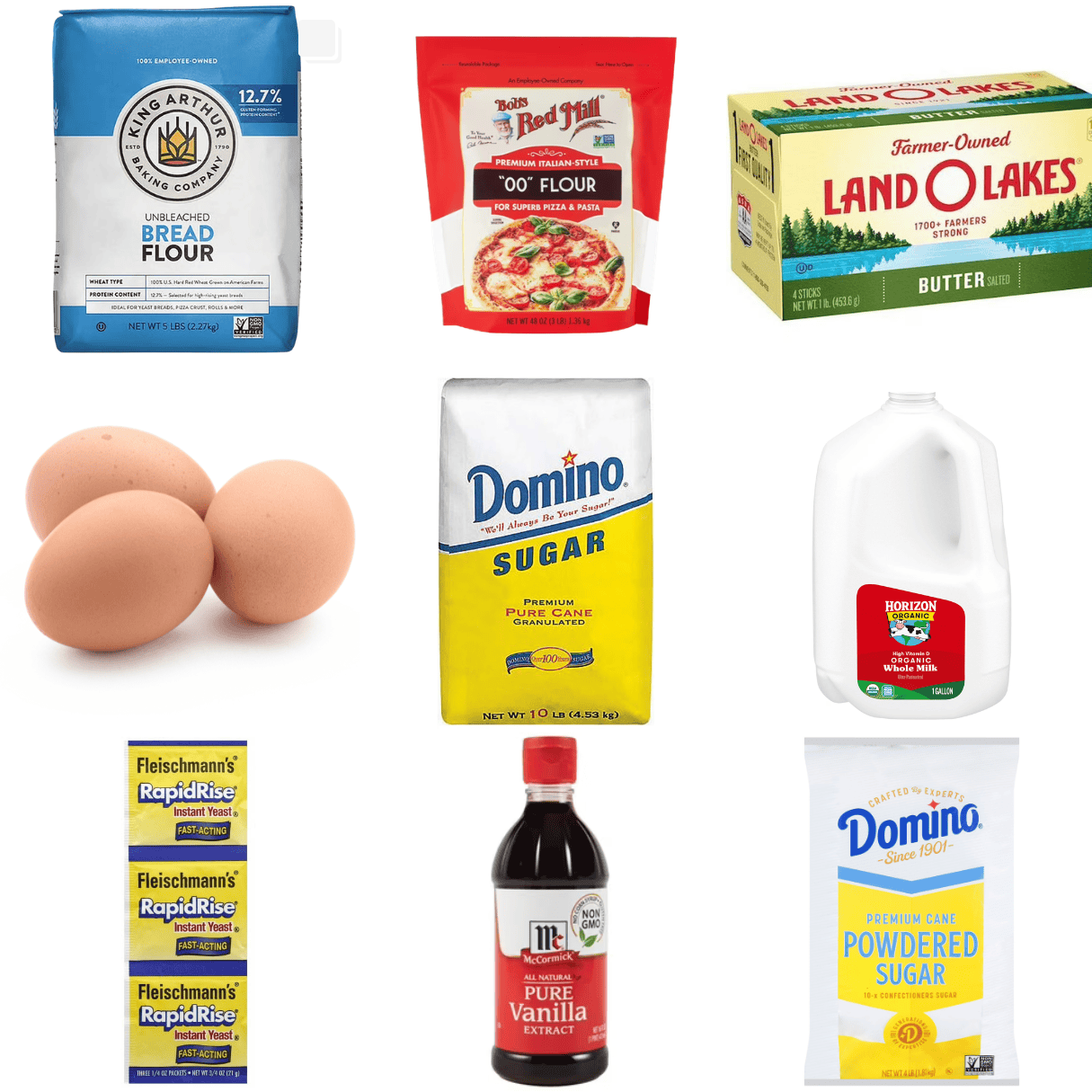 ingredients including bread flour, 00 flour, butter, eggs, sugar, milk, instant yeast, and vanilla.