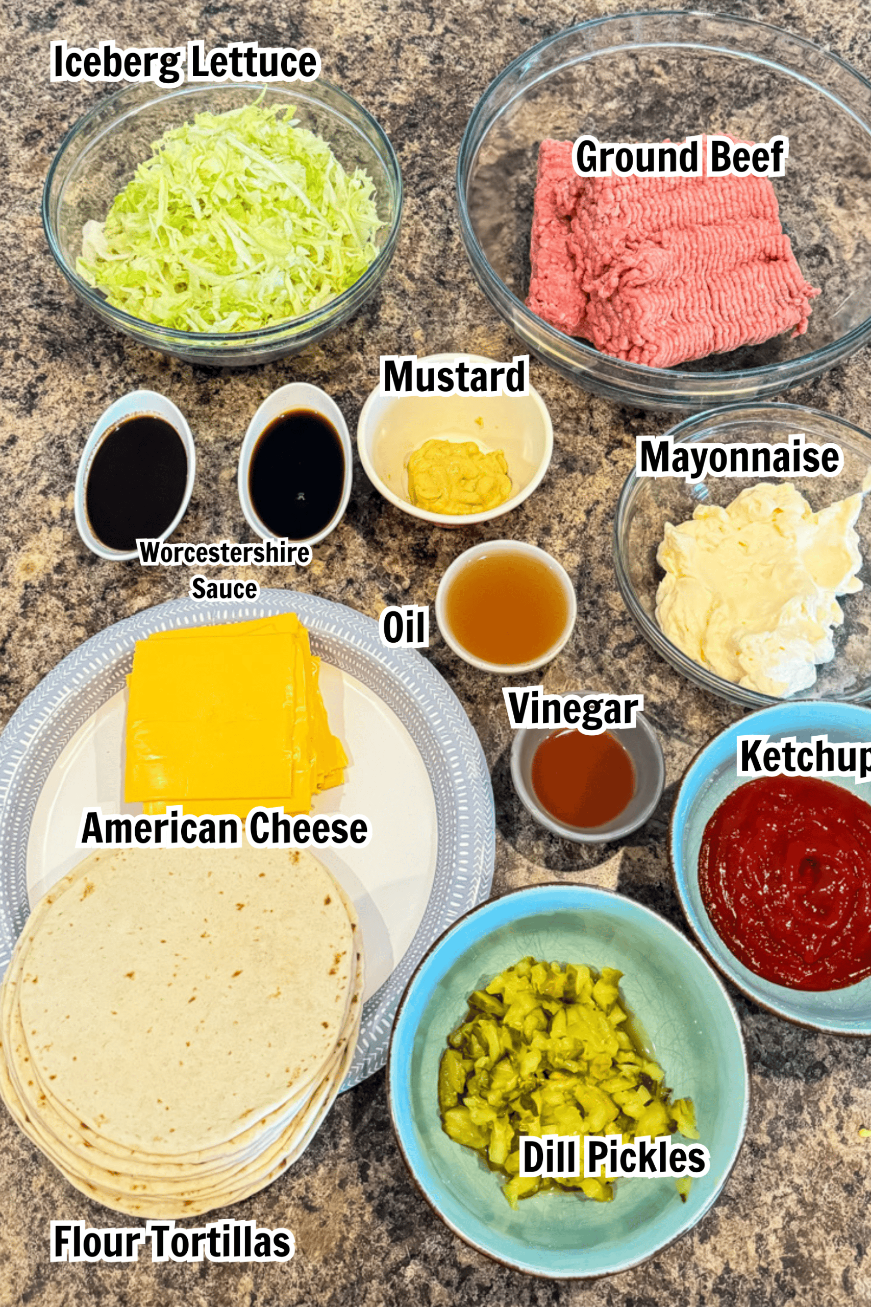 ingredients including ground beef, cheese, lettuce, pickles, mayonnaise, ketchup, mustard, and vinegar. 