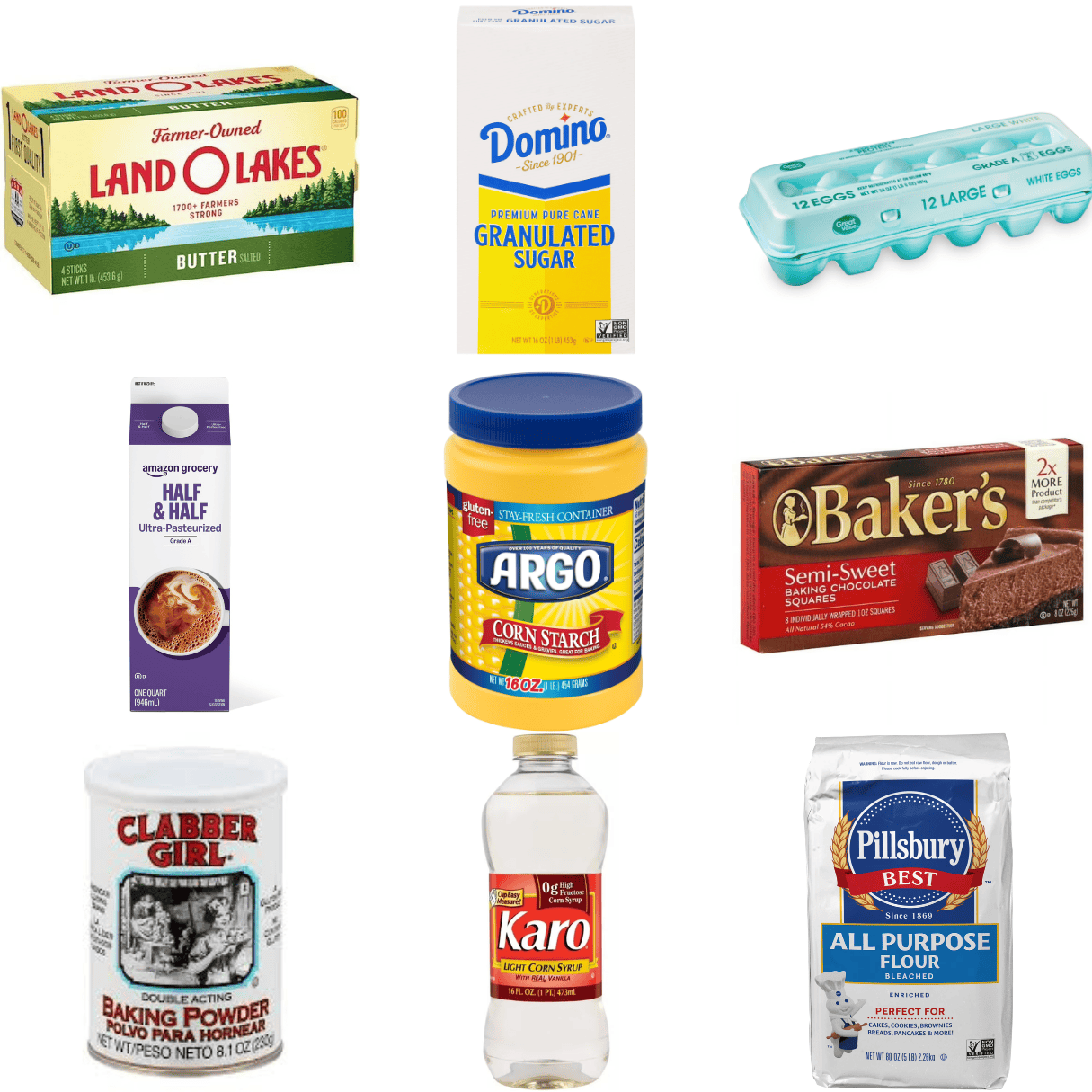 ingredients including butter, sugar, eggs, half and half, cornstarch, chocolate, baking powder, and corn syrup.