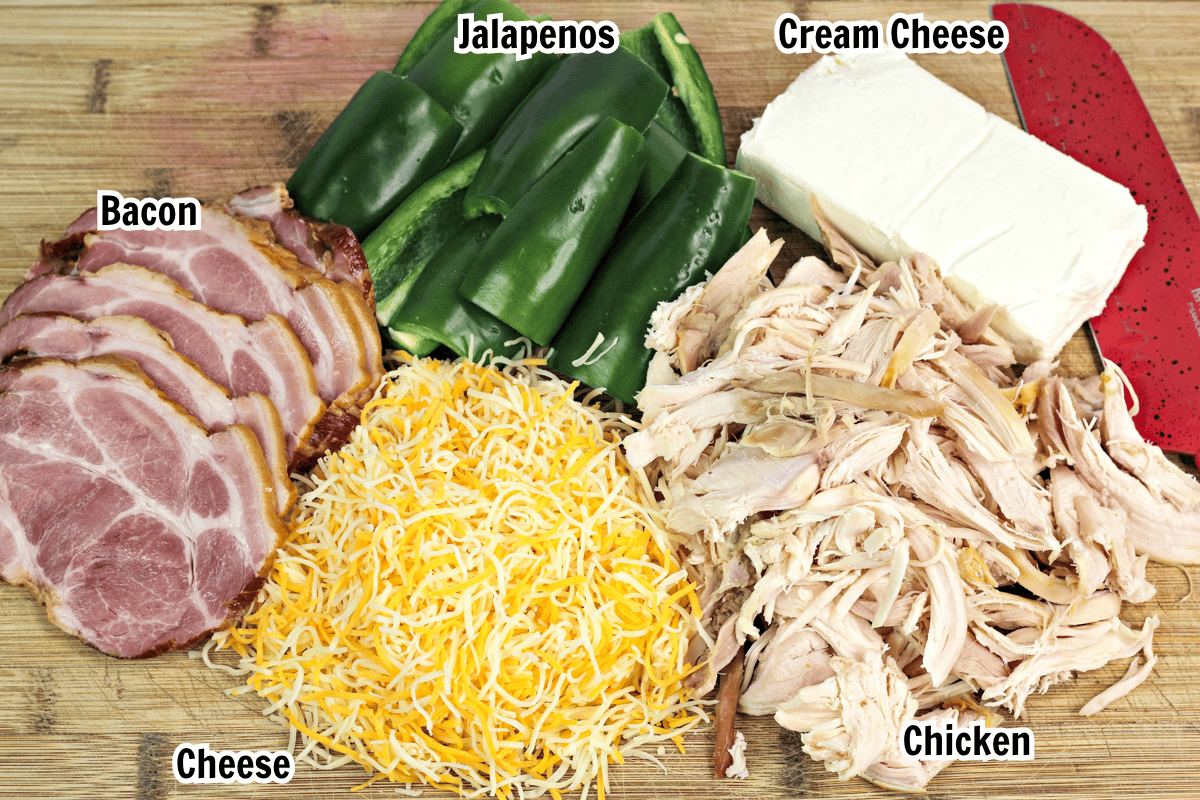 ingredients including bacon, chicken, jalapeno, cheese, and cream cheese.
