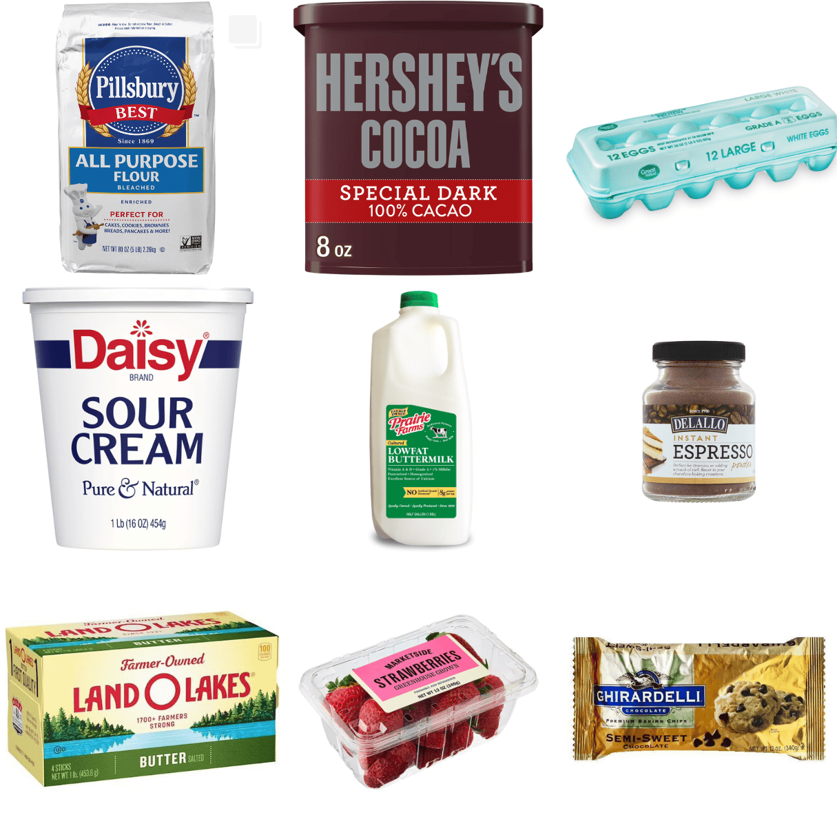 ingredients including flour, cocoa powder, eggs, sour cream, buttermilk, espresso, butter, strawberries, and chocolate chips.