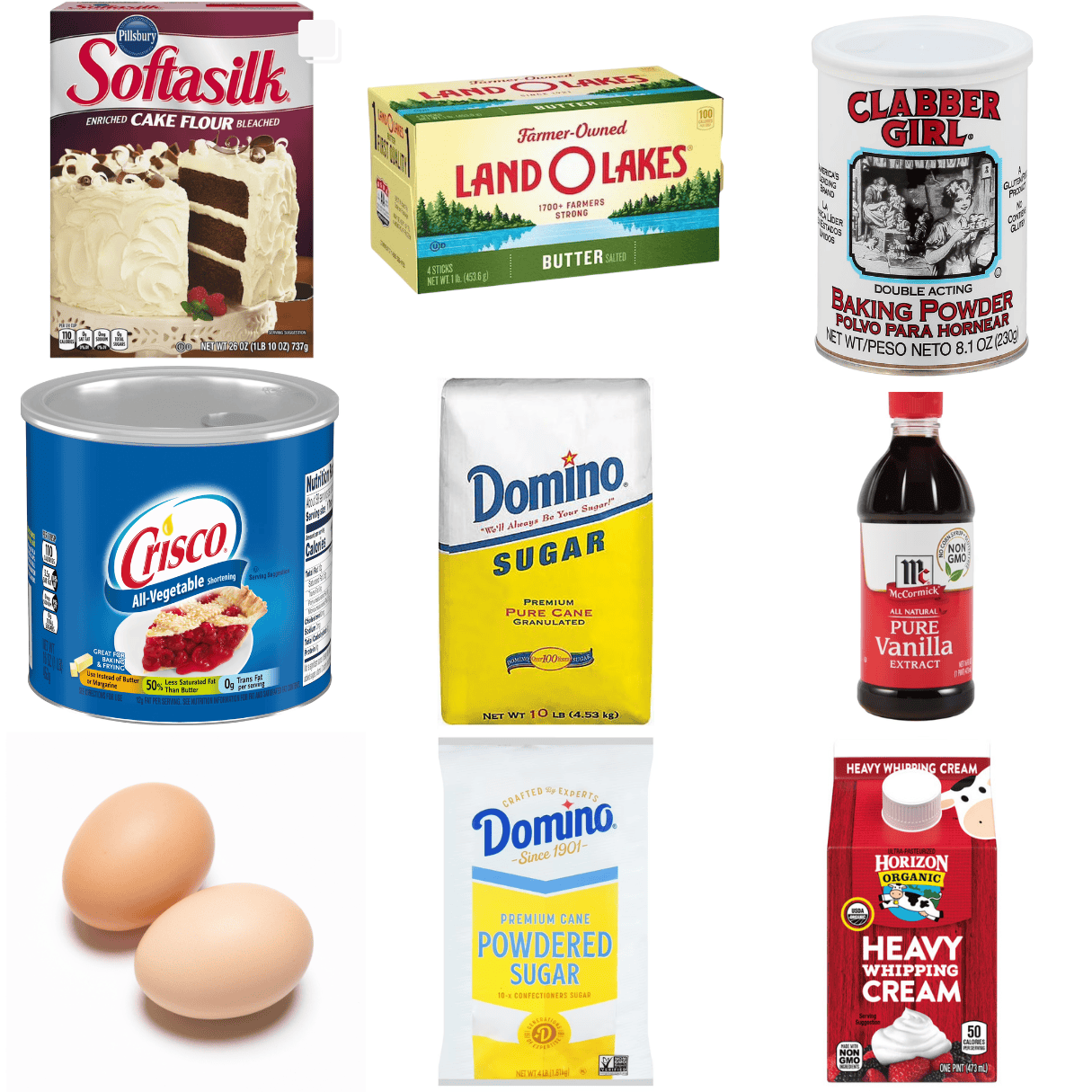 ingredients including cake flour, butter, baking powder, Crisco, sugar, vanilla, eggs, powdered sugar, and heavy cream.